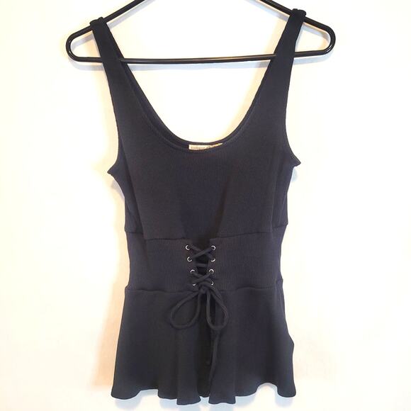 Express One Eleven Black Ribbed Corset Peplum Tank Top M - Picture 1 of 8